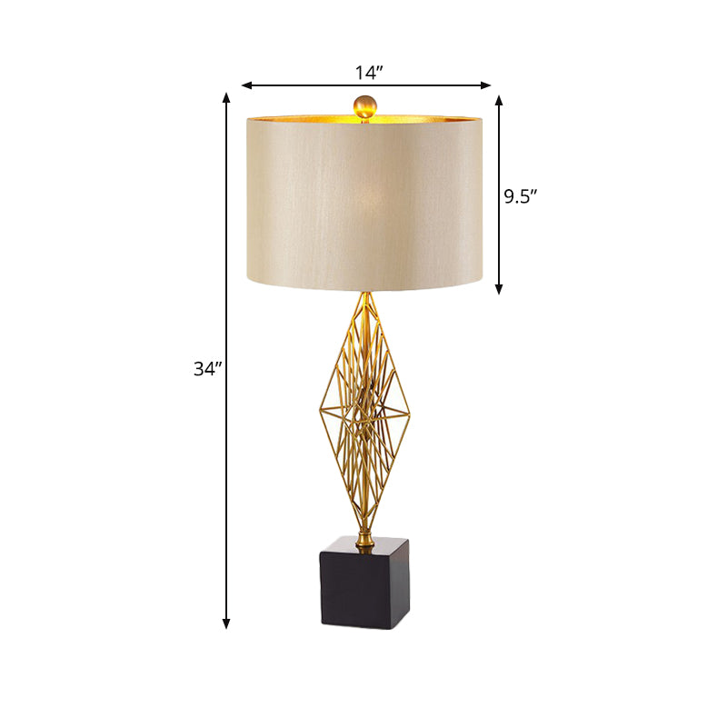 Traditional Drum Study Light 1 Light Fabric Task Lighting in Gold for Bedroom with Geometric Base Clearhalo 'Lamps' 'Table Lamps' Lighting' 224209