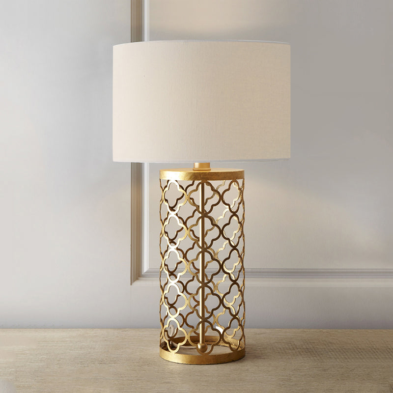 Drum Fabric Task Lighting Traditional 1 Light Bedroom Desk Lamp in Gold with Cylinder Cage Gold Clearhalo 'Lamps' 'Table Lamps' Lighting' 224225