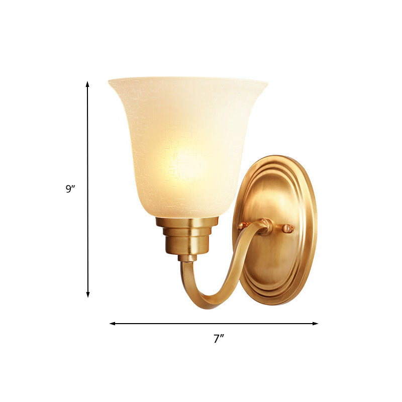 Brass Bell Wall Light Fixture Retro White Glass Shade 1-Light Living Room Wall Lamp with Arched Arm Clearhalo 'Wall Lamps & Sconces' 'Wall Lights' Lighting' 224247