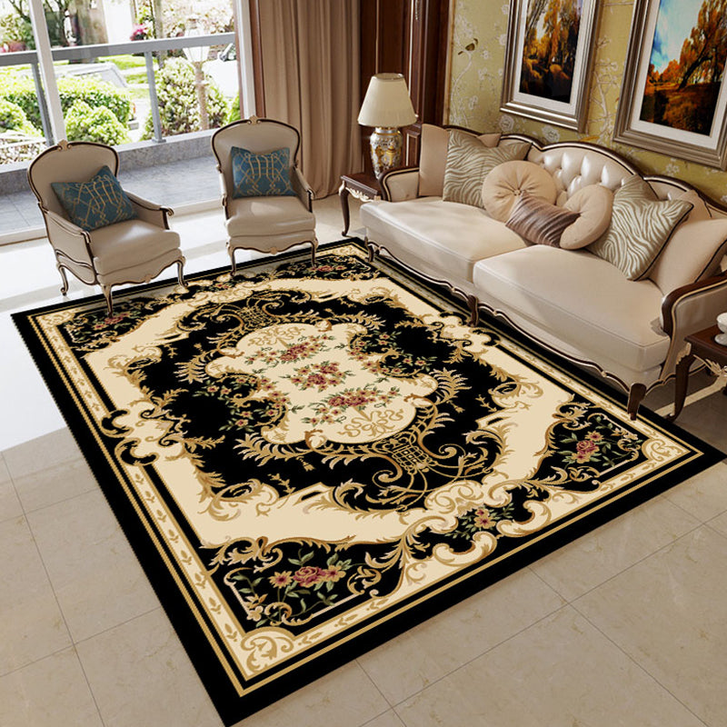 Vintage Multi Color Floral Rug Polyster Western Area Carpet Non-Slip Pet Friendly Easy Care Rug for Home Decoration Black Clearhalo 'Area Rug' 'Rugs' 'Vintage' Rug' 2242561