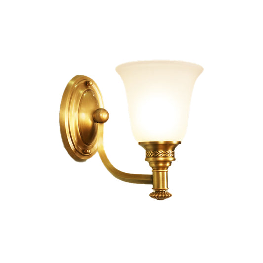 Brass Bell Wall Mounted Light Traditional White Glass Shade 1/2-Light Bedroom Wall Sconce with Metal Curvy Arm Clearhalo 'Wall Lamps & Sconces' 'Wall Lights' Lighting' 224261