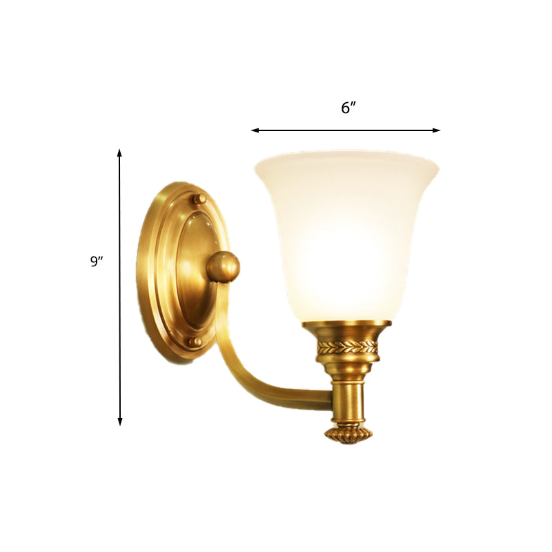 Brass Bell Wall Mounted Light Traditional White Glass Shade 1/2-Light Bedroom Wall Sconce with Metal Curvy Arm Clearhalo 'Wall Lamps & Sconces' 'Wall Lights' Lighting' 224262