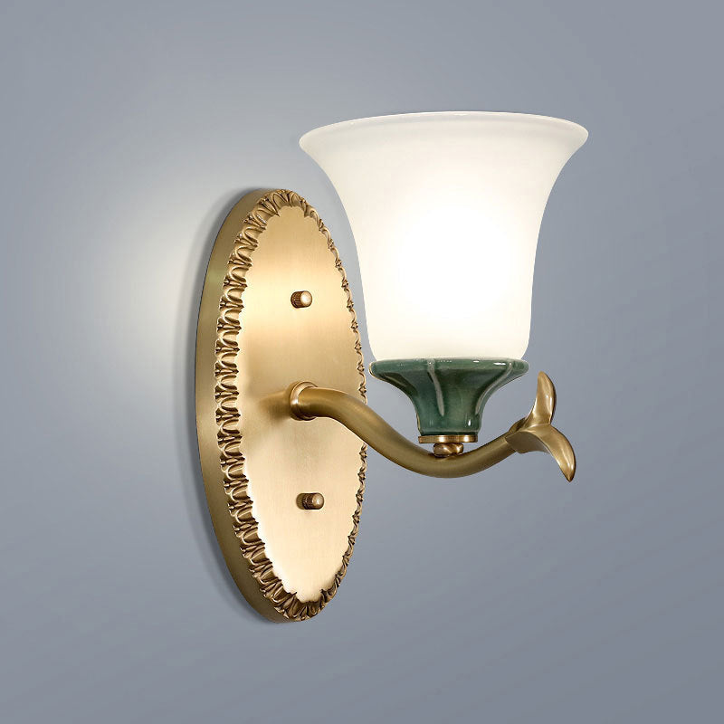 Frosted Glass Brass Wall Sconce Bell 1/2-Light Vintage Wall Mount Light Fixture with Elliptical Backplate for Foyer Clearhalo 'Wall Lamps & Sconces' 'Wall Lights' Lighting' 224270