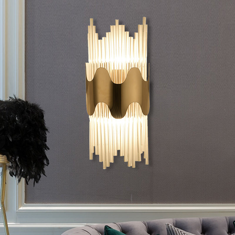 Wavy Design Wall Sconce Modernist Style Clear Crystal 2 Lights Brass Finish Wall Lighting for Bedroom Brass Clearhalo 'Cast Iron' 'Glass' 'Industrial' 'Modern wall lights' 'Modern' 'Tiffany' 'Traditional wall lights' 'Wall Lamps & Sconces' 'Wall Lights' Lighting' 224273