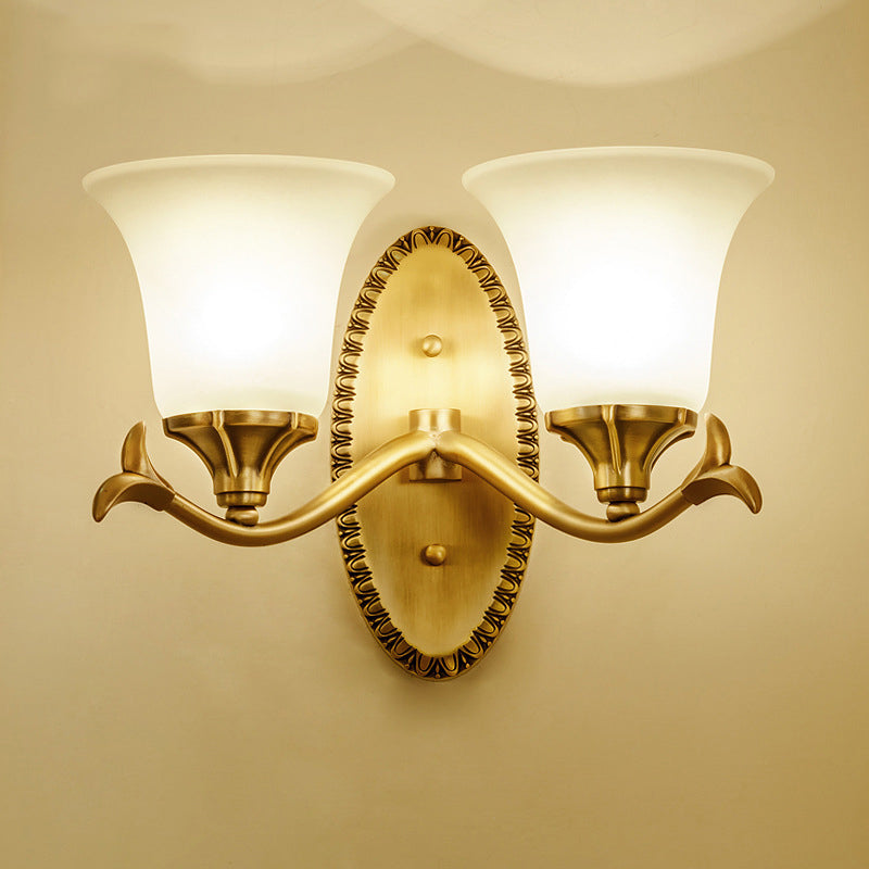 Frosted Glass Brass Wall Sconce Bell 1/2-Bulb Vintage Wall Light Fixture with Elliptical Backplate for Study 2.0 Brass Clearhalo 'Wall Lamps & Sconces' 'Wall Lights' Lighting' 224277