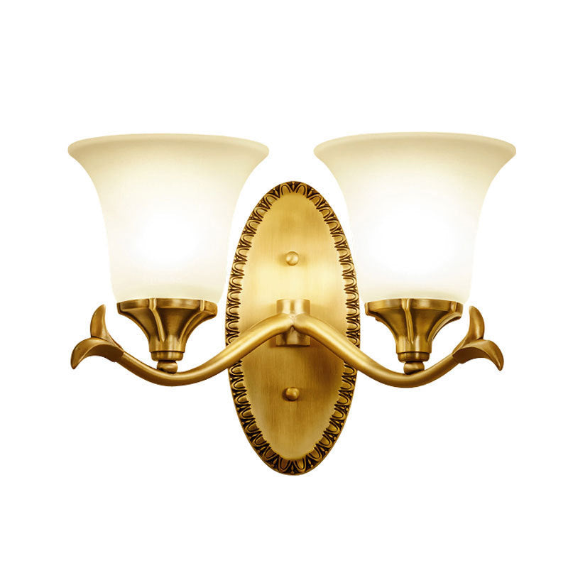 Frosted Glass Brass Wall Sconce Bell 1/2-Bulb Vintage Wall Light Fixture with Elliptical Backplate for Study Clearhalo 'Wall Lamps & Sconces' 'Wall Lights' Lighting' 224279