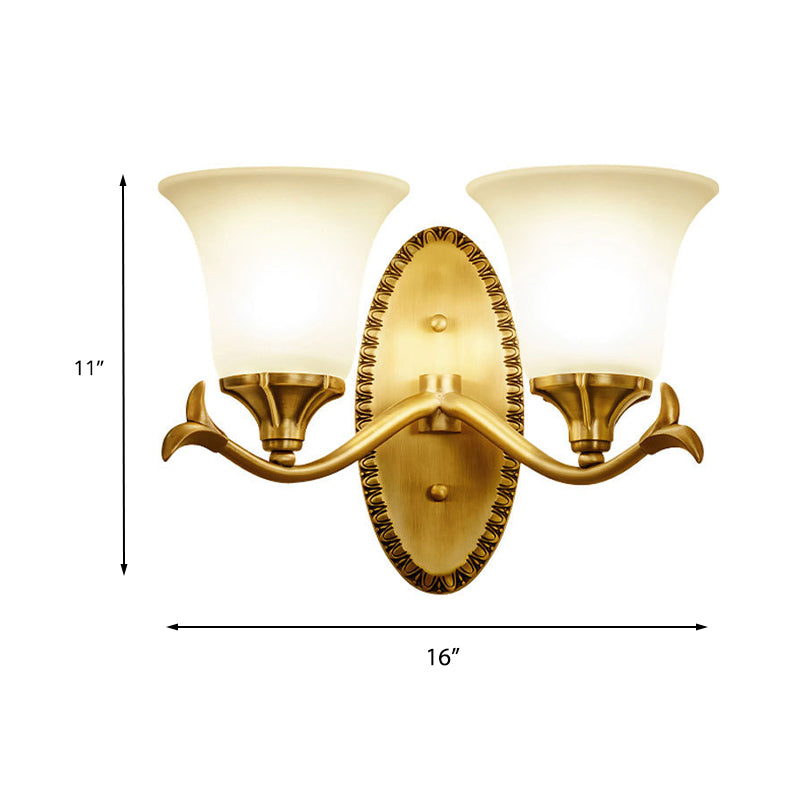 Frosted Glass Brass Wall Sconce Bell 1/2-Bulb Vintage Wall Light Fixture with Elliptical Backplate for Study Clearhalo 'Wall Lamps & Sconces' 'Wall Lights' Lighting' 224280