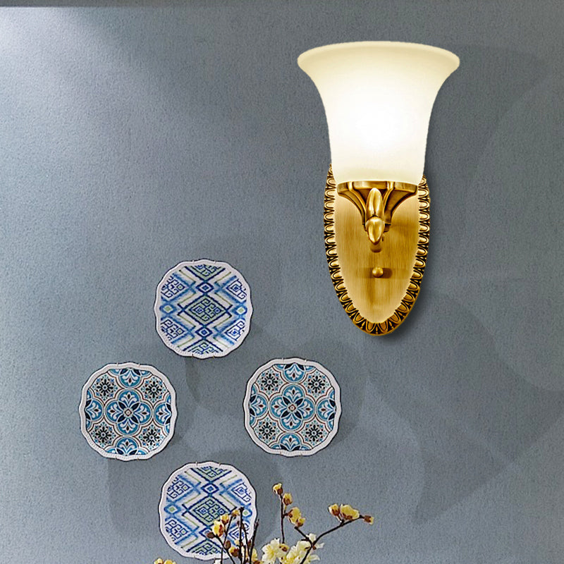 Frosted Glass Brass Wall Sconce Bell 1/2-Bulb Vintage Wall Light Fixture with Elliptical Backplate for Study 1.0 Brass Clearhalo 'Wall Lamps & Sconces' 'Wall Lights' Lighting' 224283