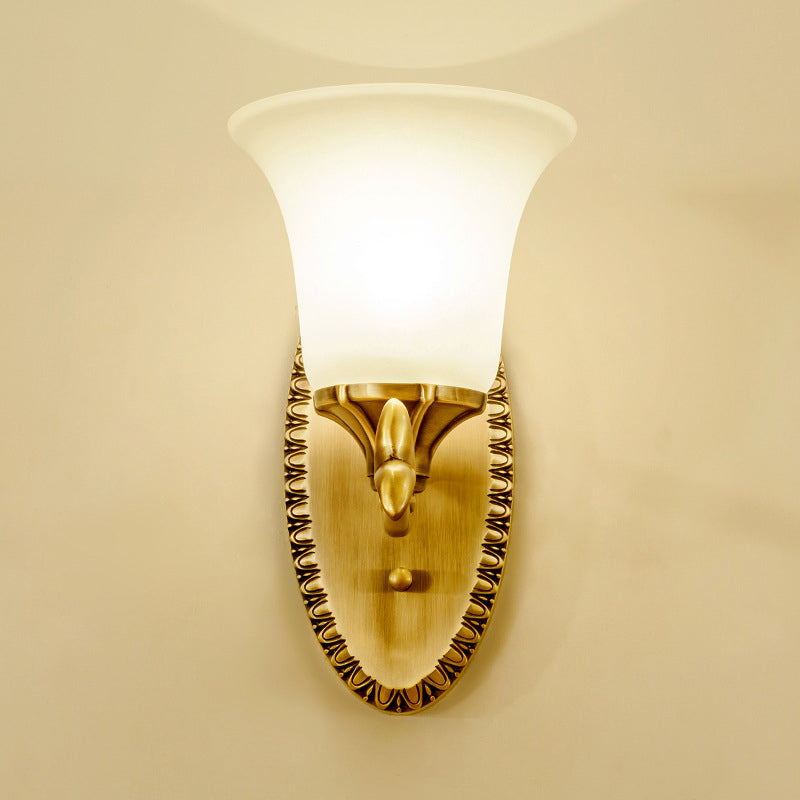 Frosted Glass Brass Wall Sconce Bell 1/2-Bulb Vintage Wall Light Fixture with Elliptical Backplate for Study Clearhalo 'Wall Lamps & Sconces' 'Wall Lights' Lighting' 224284