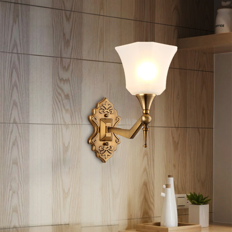 Traditional Flared Wall Mounted Lamp 1/2-Light Frosted Glass Shade Wall Sconce Light in Gold for Bathroom Clearhalo 'Wall Lamps & Sconces' 'Wall Lights' Lighting' 224293