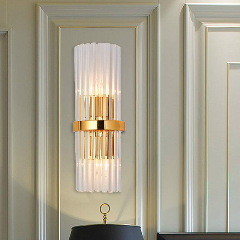 2 Lights Living Room Wall Mounted Light Modern Brass Finish Sconce Lighting  with Cylinder Clear Crystal Shade - Clearhalo