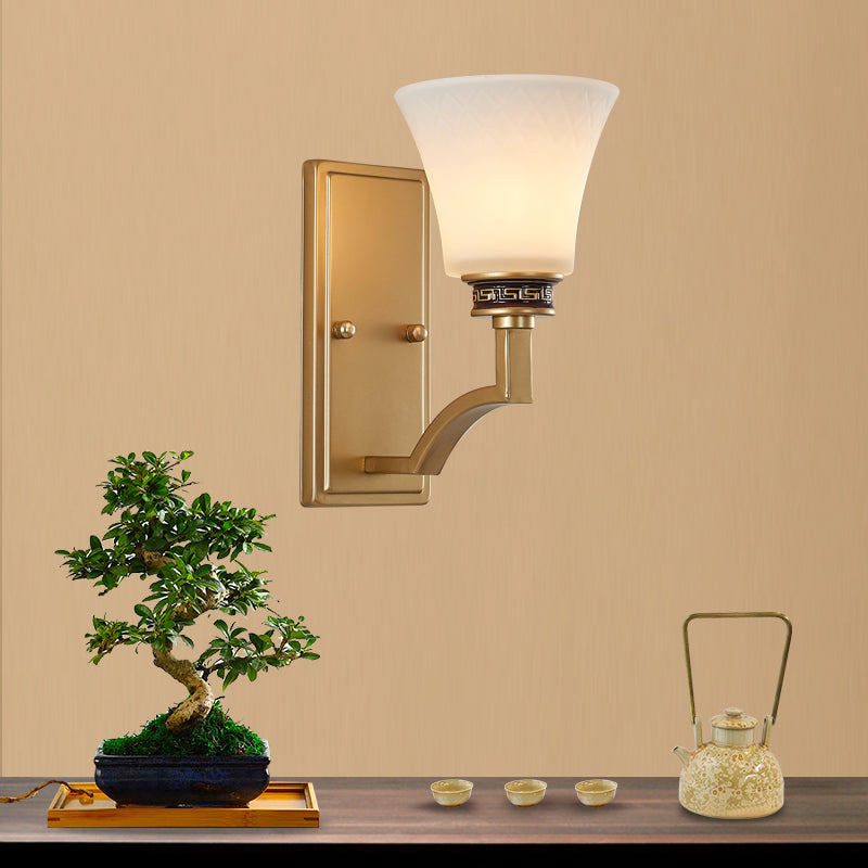 Vintage Flared Wall Light 1 Light White Glass Wall Sconce Lighting with Rectangle Backplate in Gold for Foyer Gold Clearhalo 'Wall Lamps & Sconces' 'Wall Lights' Lighting' 224302