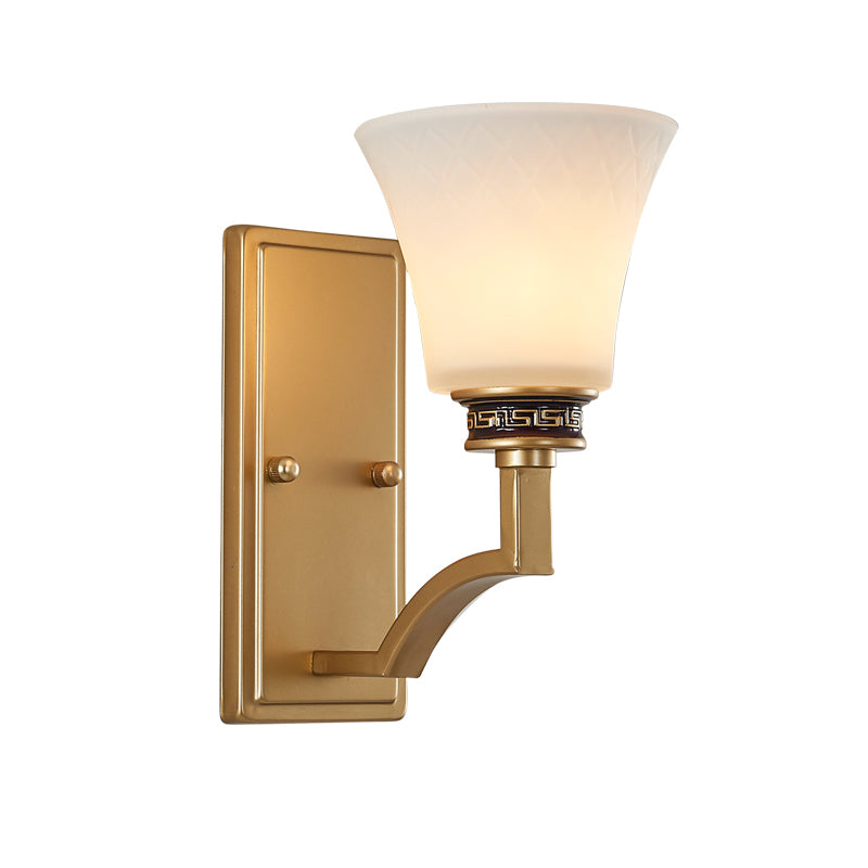 Vintage Flared Wall Light 1 Light White Glass Wall Sconce Lighting with Rectangle Backplate in Gold for Foyer Clearhalo 'Wall Lamps & Sconces' 'Wall Lights' Lighting' 224304