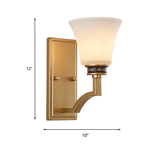 Vintage Flared Wall Light 1 Light White Glass Wall Sconce Lighting with Rectangle Backplate in Gold for Foyer Clearhalo 'Wall Lamps & Sconces' 'Wall Lights' Lighting' 224305