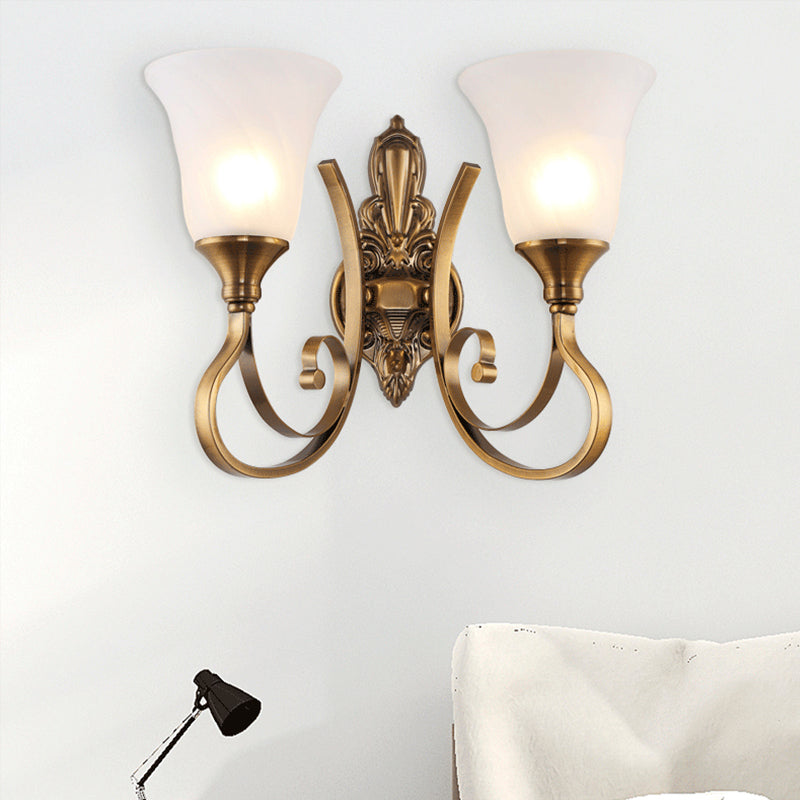 Retro Bell Wall Lamp 1/2-Light Frosted Glass Wall Sconce Light with Metal Curved Arm in Gold for Porch 2.0 Gold Clearhalo 'Wall Lamps & Sconces' 'Wall Lights' Lighting' 224306