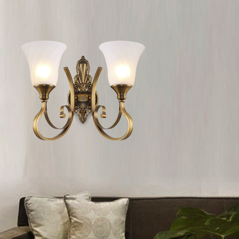 Retro Bell Wall Lamp 1/2-Light Frosted Glass Wall Sconce Light with Metal Curved Arm in Gold for Porch Clearhalo 'Wall Lamps & Sconces' 'Wall Lights' Lighting' 224307