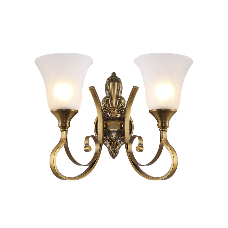 Retro Bell Wall Lamp 1/2-Light Frosted Glass Wall Sconce Light with Metal Curved Arm in Gold for Porch Clearhalo 'Wall Lamps & Sconces' 'Wall Lights' Lighting' 224308