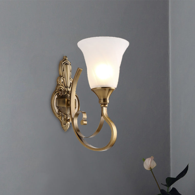 Retro Bell Wall Lamp 1/2-Light Frosted Glass Wall Sconce Light with Metal Curved Arm in Gold for Porch 1.0 Gold Clearhalo 'Wall Lamps & Sconces' 'Wall Lights' Lighting' 224310