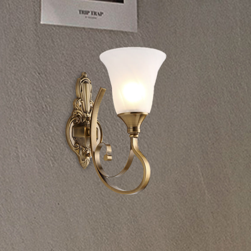 Retro Bell Wall Lamp 1/2-Light Frosted Glass Wall Sconce Light with Metal Curved Arm in Gold for Porch Clearhalo 'Wall Lamps & Sconces' 'Wall Lights' Lighting' 224311