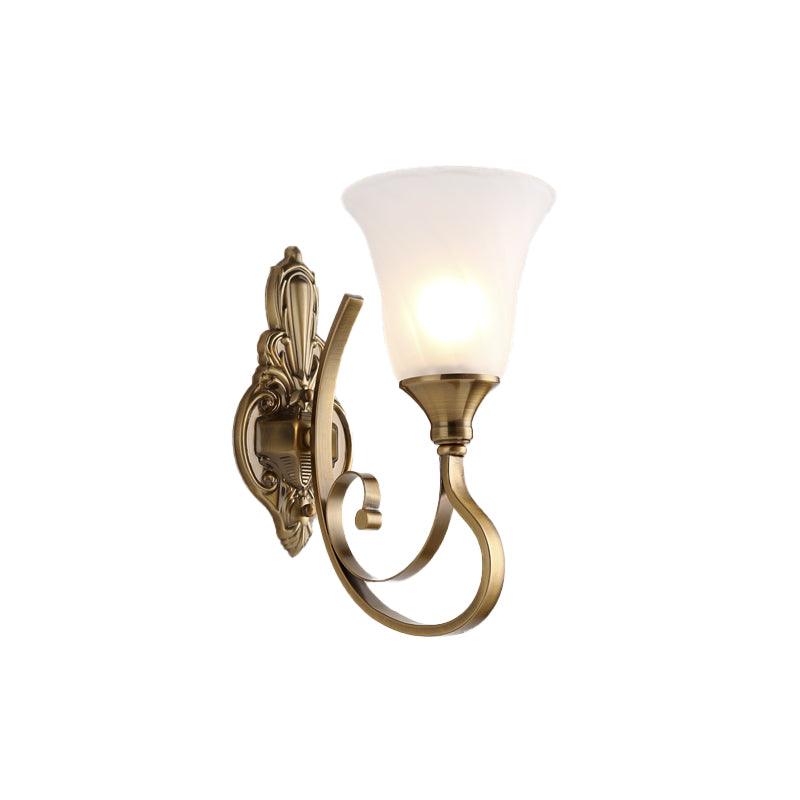 Retro Bell Wall Lamp 1/2-Light Frosted Glass Wall Sconce Light with Metal Curved Arm in Gold for Porch Clearhalo 'Wall Lamps & Sconces' 'Wall Lights' Lighting' 224312