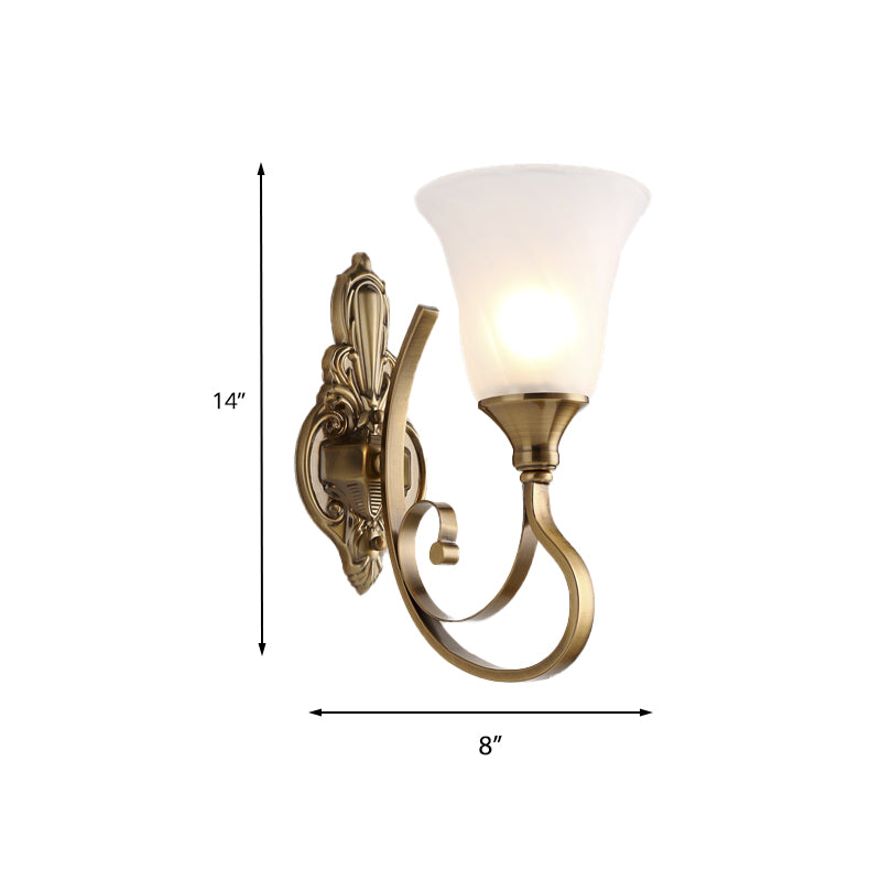 Retro Bell Wall Lamp 1/2-Light Frosted Glass Wall Sconce Light with Metal Curved Arm in Gold for Porch Clearhalo 'Wall Lamps & Sconces' 'Wall Lights' Lighting' 224313