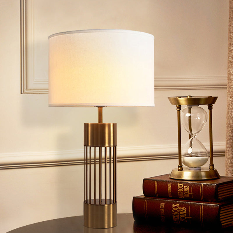 Drum Fabric Desk Lamp Traditional 1 Light Bedroom Reading Light in Brass with Cylinder Base Clearhalo 'Lamps' 'Table Lamps' Lighting' 224344