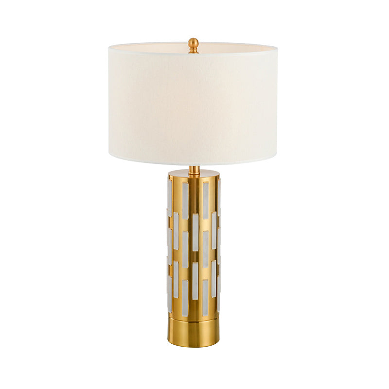 Drum Bedroom Night Table Lamp Traditional Fabric 1 Light Gold Desk Light with Cylinder Base Clearhalo 'Lamps' 'Table Lamps' Lighting' 224355