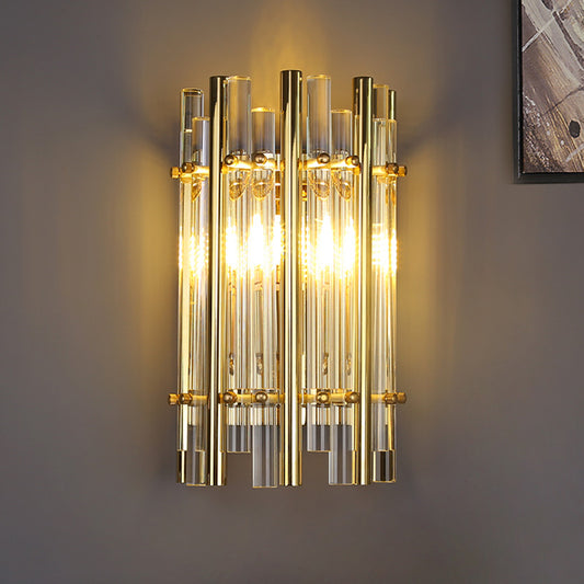 Tubular Wall Sconce Modernist Style Clear Crystal and Metal 1 Light Golden Wall Lighting for Bedroom Gold Clearhalo 'Cast Iron' 'Glass' 'Industrial' 'Modern wall lights' 'Modern' 'Tiffany' 'Traditional wall lights' 'Wall Lamps & Sconces' 'Wall Lights' Lighting' 224474