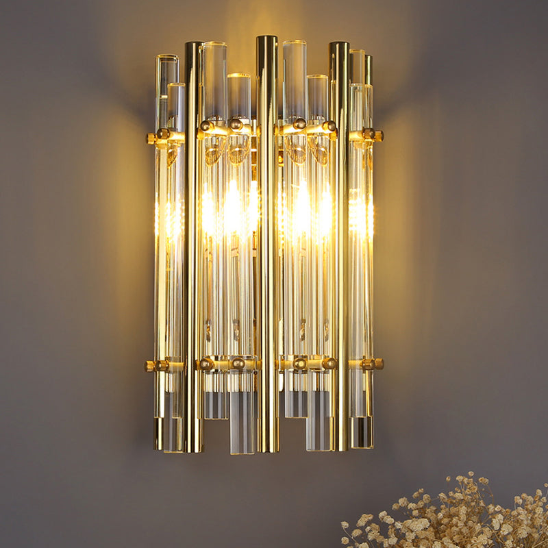 Tubular Wall Sconce Modernist Style Clear Crystal and Metal 1 Light Golden Wall Lighting for Bedroom Clearhalo 'Cast Iron' 'Glass' 'Industrial' 'Modern wall lights' 'Modern' 'Tiffany' 'Traditional wall lights' 'Wall Lamps & Sconces' 'Wall Lights' Lighting' 224475
