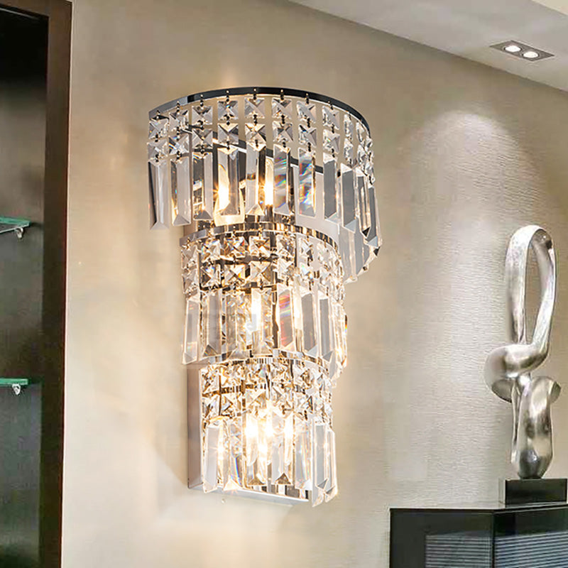 Tiered Wall Lighting Fixture Vintage Style Clear Crystal 3 Lights Chrome Finish Wall Sconce for Hallway Clearhalo 'Modern wall lights' 'Modern' 'Wall Lamps & Sconces' 'Wall Lights' Lighting' 224487