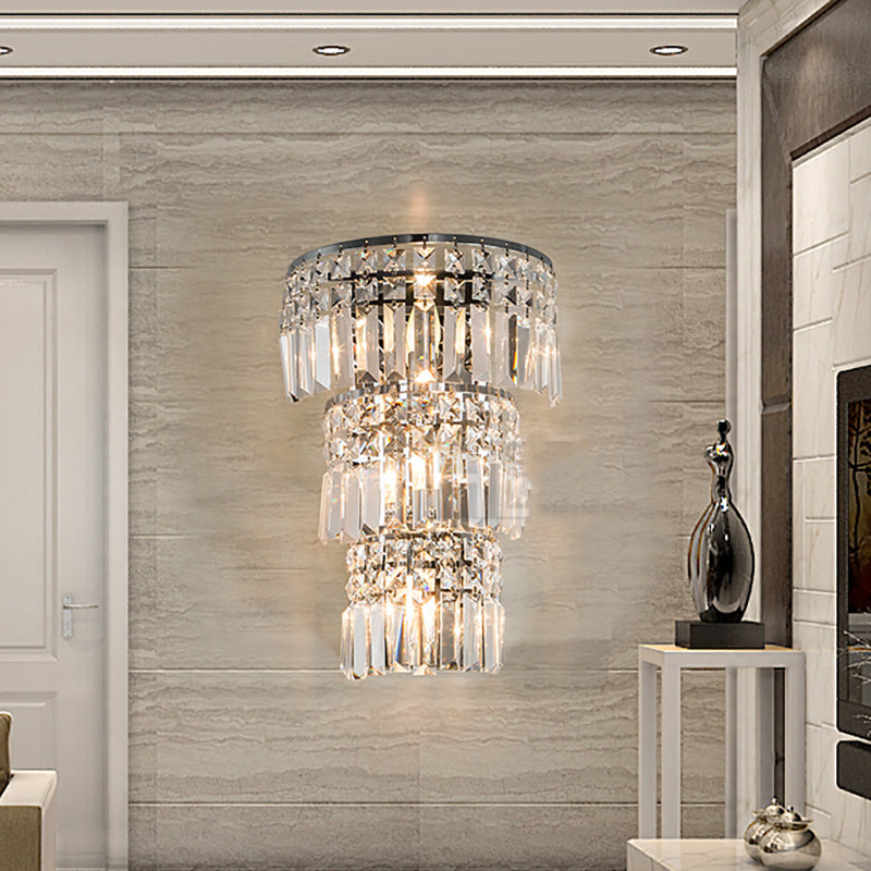 Tiered Wall Lighting Fixture Vintage Style Clear Crystal 3 Lights Chrome Finish Wall Sconce for Hallway Clearhalo 'Modern wall lights' 'Modern' 'Wall Lamps & Sconces' 'Wall Lights' Lighting' 224488