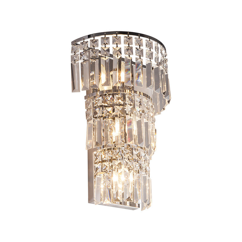 Tiered Wall Lighting Fixture Vintage Style Clear Crystal 3 Lights Chrome Finish Wall Sconce for Hallway Chrome Clearhalo 'Modern wall lights' 'Modern' 'Wall Lamps & Sconces' 'Wall Lights' Lighting' 224489