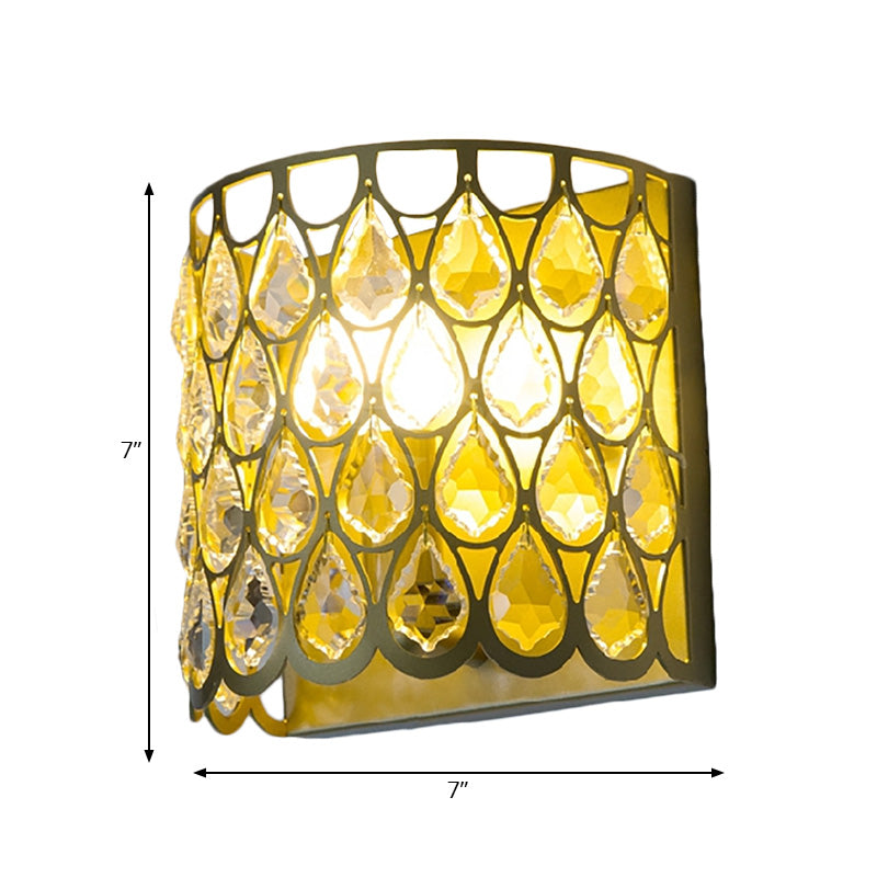 Silver/Brass Half-Cylinder Wall Light Sconce Minimalism 1 Light Metal Wall Lamp with Clear Crystal Teardrop Shape Clearhalo 'Cast Iron' 'Glass' 'Industrial' 'Modern wall lights' 'Modern' 'Tiffany' 'Traditional wall lights' 'Wall Lamps & Sconces' 'Wall Lights' Lighting' 224502