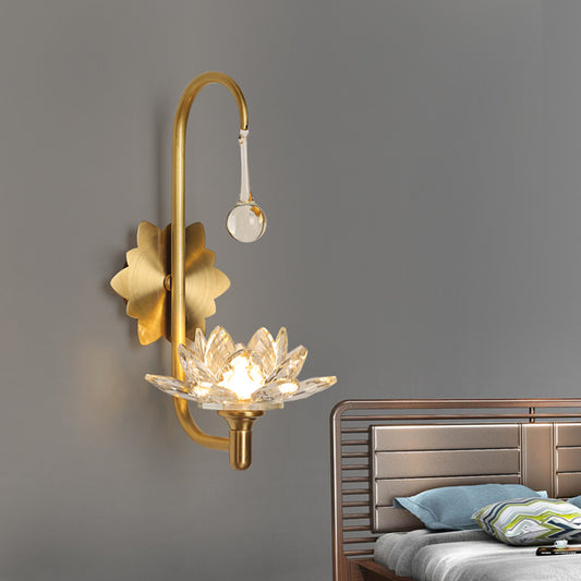 Modernist Lotus Wall Lamp Clear Crystal 1 Head Bedside Wall Light Sconce with Curved Arm in Brass Brass Clearhalo 'Cast Iron' 'Glass' 'Industrial' 'Modern wall lights' 'Modern' 'Tiffany' 'Traditional wall lights' 'Wall Lamps & Sconces' 'Wall Lights' Lighting' 224513