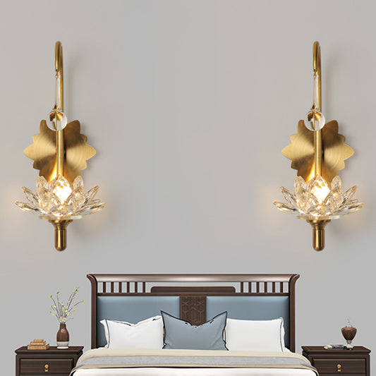 Modernist Lotus Wall Lamp Clear Crystal 1 Head Bedside Wall Light Sconce with Curved Arm in Brass Clearhalo 'Cast Iron' 'Glass' 'Industrial' 'Modern wall lights' 'Modern' 'Tiffany' 'Traditional wall lights' 'Wall Lamps & Sconces' 'Wall Lights' Lighting' 224514