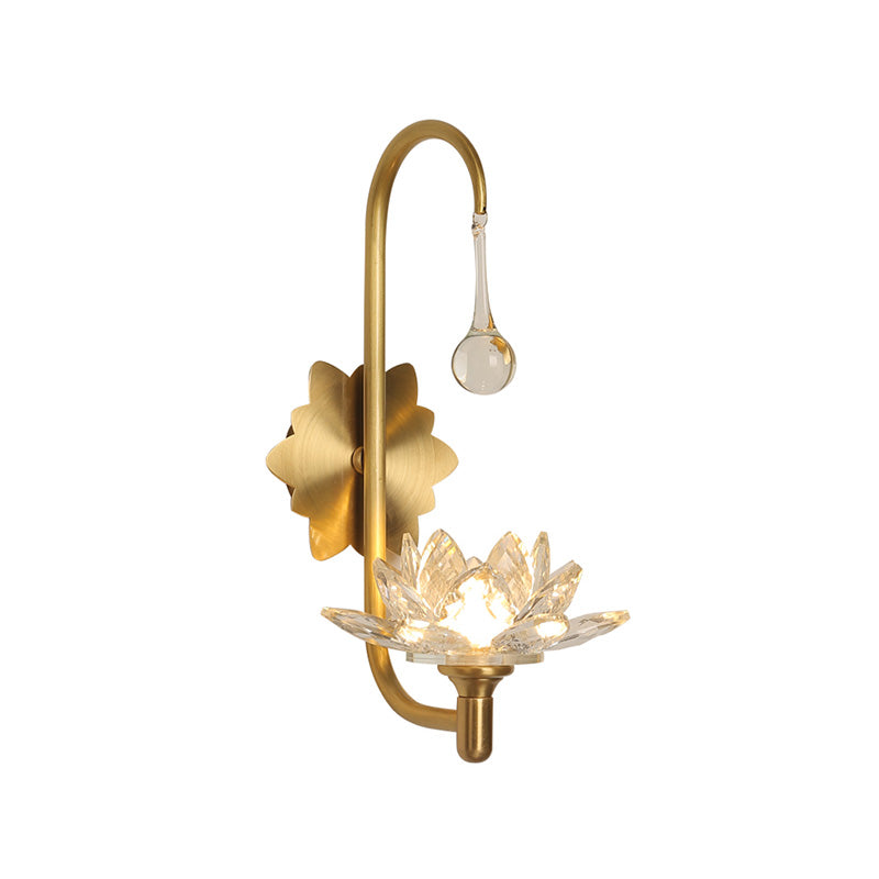 Modernist Lotus Wall Lamp Clear Crystal 1 Head Bedside Wall Light Sconce with Curved Arm in Brass Clearhalo 'Cast Iron' 'Glass' 'Industrial' 'Modern wall lights' 'Modern' 'Tiffany' 'Traditional wall lights' 'Wall Lamps & Sconces' 'Wall Lights' Lighting' 224515