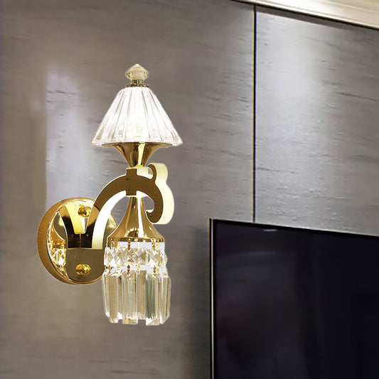 Gold Finish Conic Wall Light Sconce Contemporary 1 Bulb Metal Wall Mount Light with Clear Crystal Draping Gold Clearhalo 'Cast Iron' 'Glass' 'Industrial' 'Modern wall lights' 'Modern' 'Tiffany' 'Traditional wall lights' 'Wall Lamps & Sconces' 'Wall Lights' Lighting' 224532