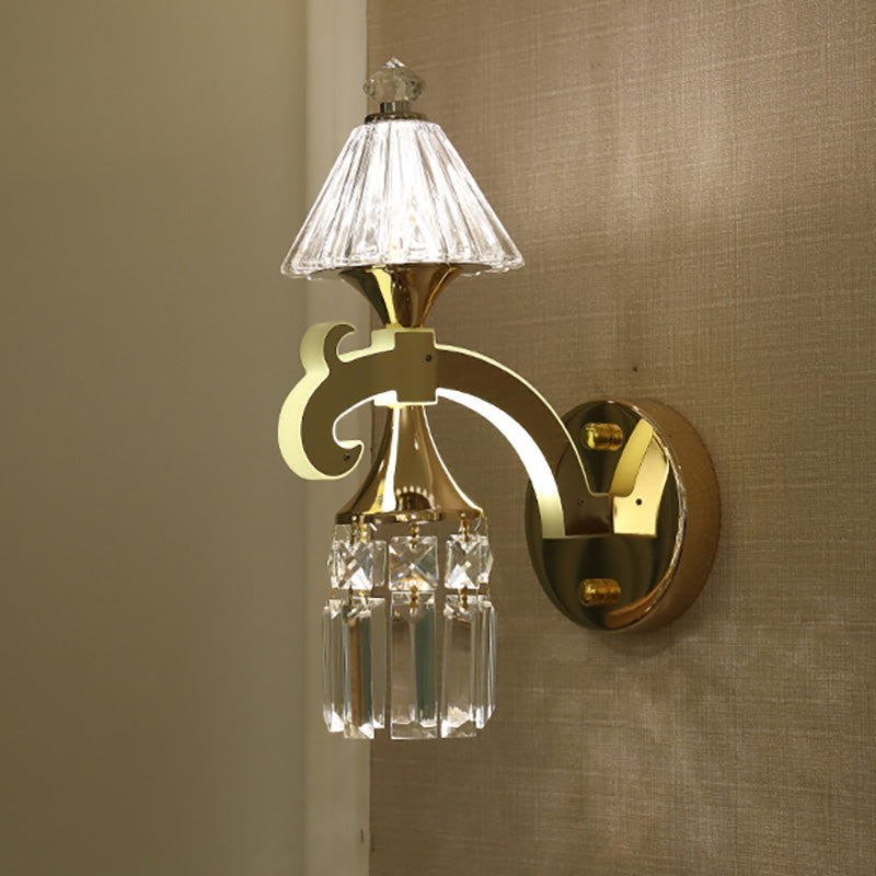 Gold Finish Conic Wall Light Sconce Contemporary 1 Bulb Metal Wall Mount Light with Clear Crystal Draping Clearhalo 'Cast Iron' 'Glass' 'Industrial' 'Modern wall lights' 'Modern' 'Tiffany' 'Traditional wall lights' 'Wall Lamps & Sconces' 'Wall Lights' Lighting' 224533