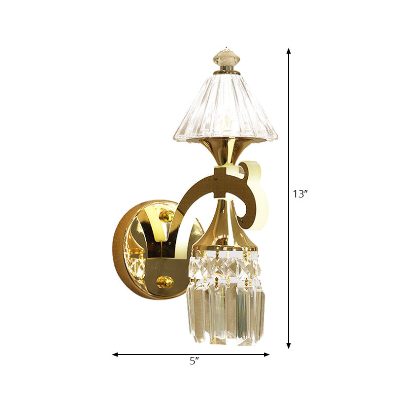 Gold Finish Conic Wall Light Sconce Contemporary 1 Bulb Metal Wall Mount Light with Clear Crystal Draping Clearhalo 'Cast Iron' 'Glass' 'Industrial' 'Modern wall lights' 'Modern' 'Tiffany' 'Traditional wall lights' 'Wall Lamps & Sconces' 'Wall Lights' Lighting' 224535