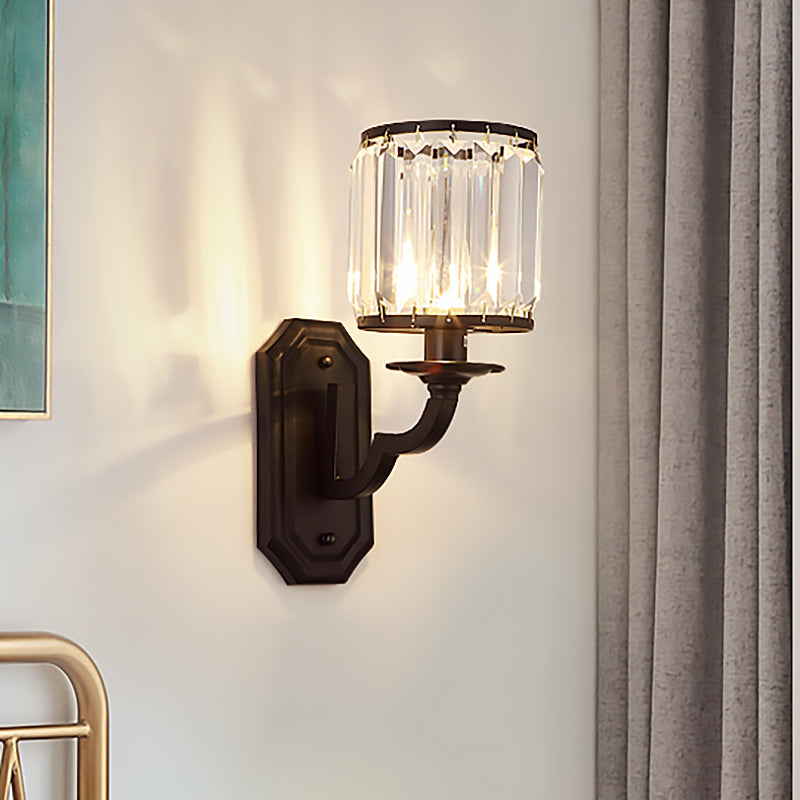 Black/Gold Finish Cylindrical Wall Light Sconce Modern Style 1 Light Clear Crystal Wall Lighting for Bedroom Black Clearhalo 'Modern wall lights' 'Modern' 'Wall Lamps & Sconces' 'Wall Lights' Lighting' 224536