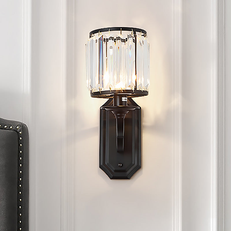 Black/Gold Finish Cylindrical Wall Light Sconce Modern Style 1 Light Clear Crystal Wall Lighting for Bedroom Clearhalo 'Modern wall lights' 'Modern' 'Wall Lamps & Sconces' 'Wall Lights' Lighting' 224537