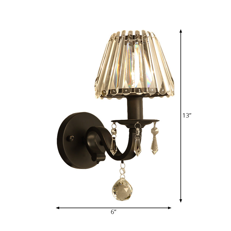 1 Light Living Room Wall Light Sconce Modern Style Black/Gold Finish Wall Mount Lamp with Cone Clear Crystal Shade Clearhalo 'Modern wall lights' 'Modern' 'Wall Lamps & Sconces' 'Wall Lights' Lighting' 224551