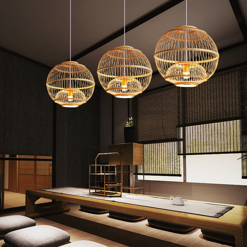 Sphere Shaded Suspension Lighting Minimalist Bamboo 1��Head Wood Pendant Ceiling Light Clearhalo 'Ceiling Lights' 'Pendant Lights' 'Pendants' Lighting' 2245552