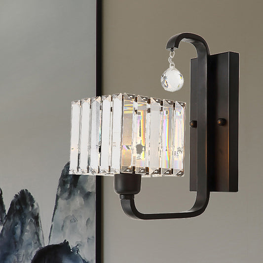 1 Bulb Indoor Wall Sconce Lamp Modern Style Black/Gold Finish Wall Mount Light with Cubic Clear Crystal Shade Clearhalo 'Modern wall lights' 'Modern' 'Wall Lamps & Sconces' 'Wall Lights' Lighting' 224555