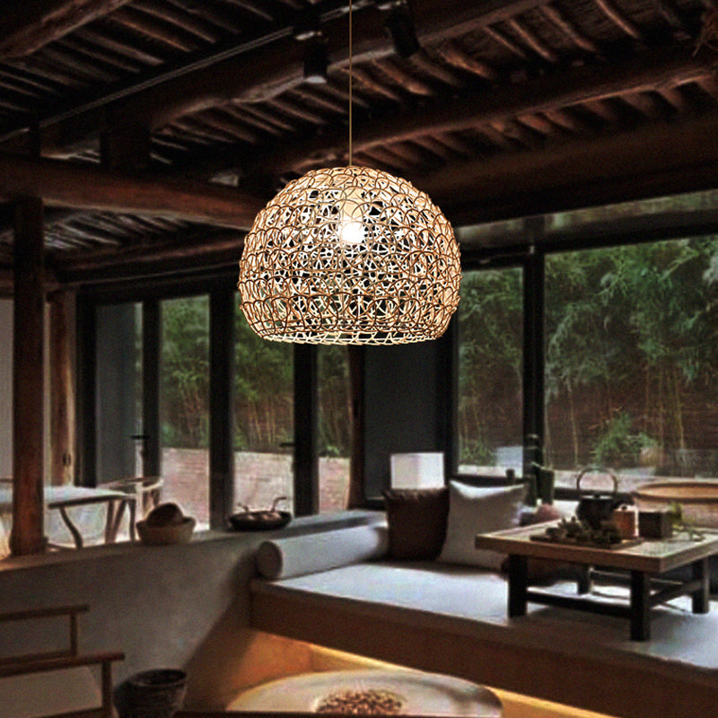 Dome Restaurant Suspension Light Rattan 1-Light Simplicity Pendant Light Fixture in Wood Clearhalo 'Ceiling Lights' 'Pendant Lights' 'Pendants' Lighting' 2245574