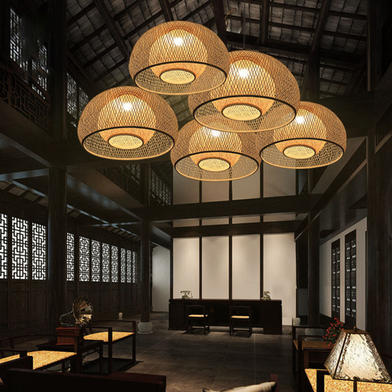 Asian Style Dome Ceiling Light Bamboo Single Tea Room Hanging Pendant Light in Wood Clearhalo 'Ceiling Lights' 'Pendant Lights' 'Pendants' Lighting' 2245587