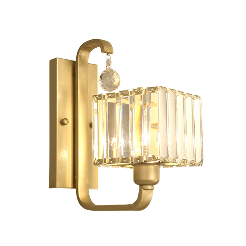 1 Bulb Indoor Wall Sconce Lamp Modern Style Black/Gold Finish Wall Mount Light with Cubic Clear Crystal Shade Clearhalo 'Modern wall lights' 'Modern' 'Wall Lamps & Sconces' 'Wall Lights' Lighting' 224559