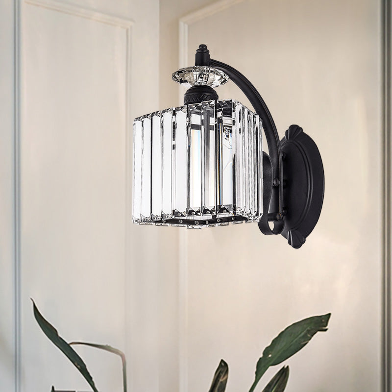 Clear Crystal Trapezoid Wall Light Modern Style 1 Light Black Wall Sconce Lamp with Curved Arm for Living Room Clearhalo 'Modern wall lights' 'Modern' 'Wall Lamps & Sconces' 'Wall Lights' Lighting' 224561