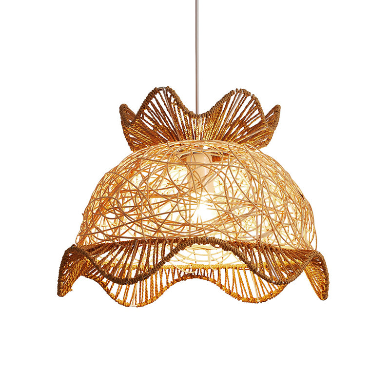 Wood Scalloped Ceiling Light Asian Style 1��Head Rattan Hanging Lamp for Restaurant Clearhalo 'Ceiling Lights' 'Pendant Lights' 'Pendants' Lighting' 2245611