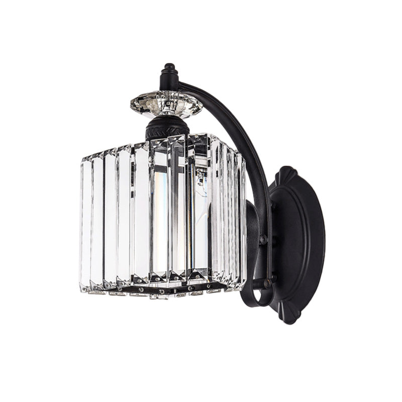 Clear Crystal Trapezoid Wall Light Modern Style 1 Light Black Wall Sconce Lamp with Curved Arm for Living Room Clearhalo 'Modern wall lights' 'Modern' 'Wall Lamps & Sconces' 'Wall Lights' Lighting' 224562